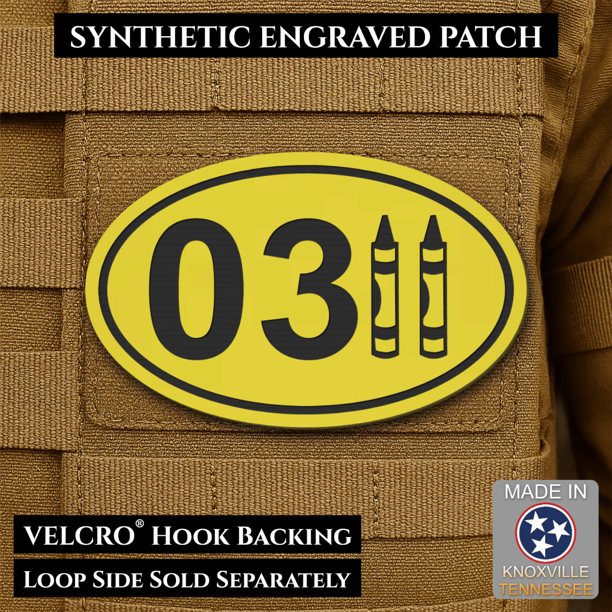 Front design and hook backing of USMC 0311 Marine Infantry Crayon patch in yellow
