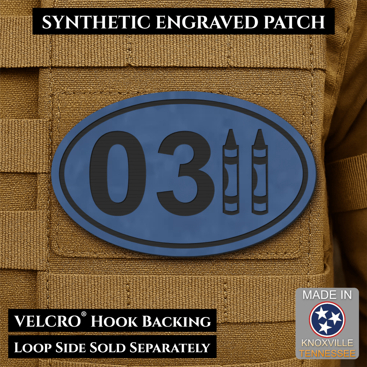 Front design and hook backing of USMC 0311 Marine Infantry Crayon patch in indigo blue