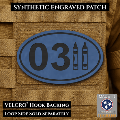 Front design and hook backing of USMC 0311 Marine Infantry Crayon patch in indigo blue