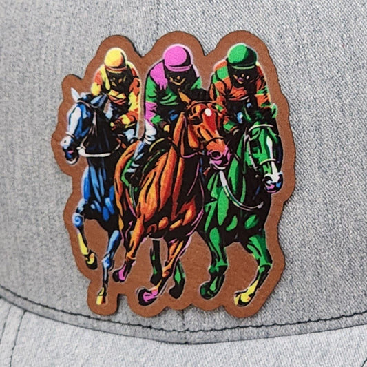 Vibrant Horse Racing UV Printed Leatherette Hat Patch - MR01 - LoneStar Adhesive