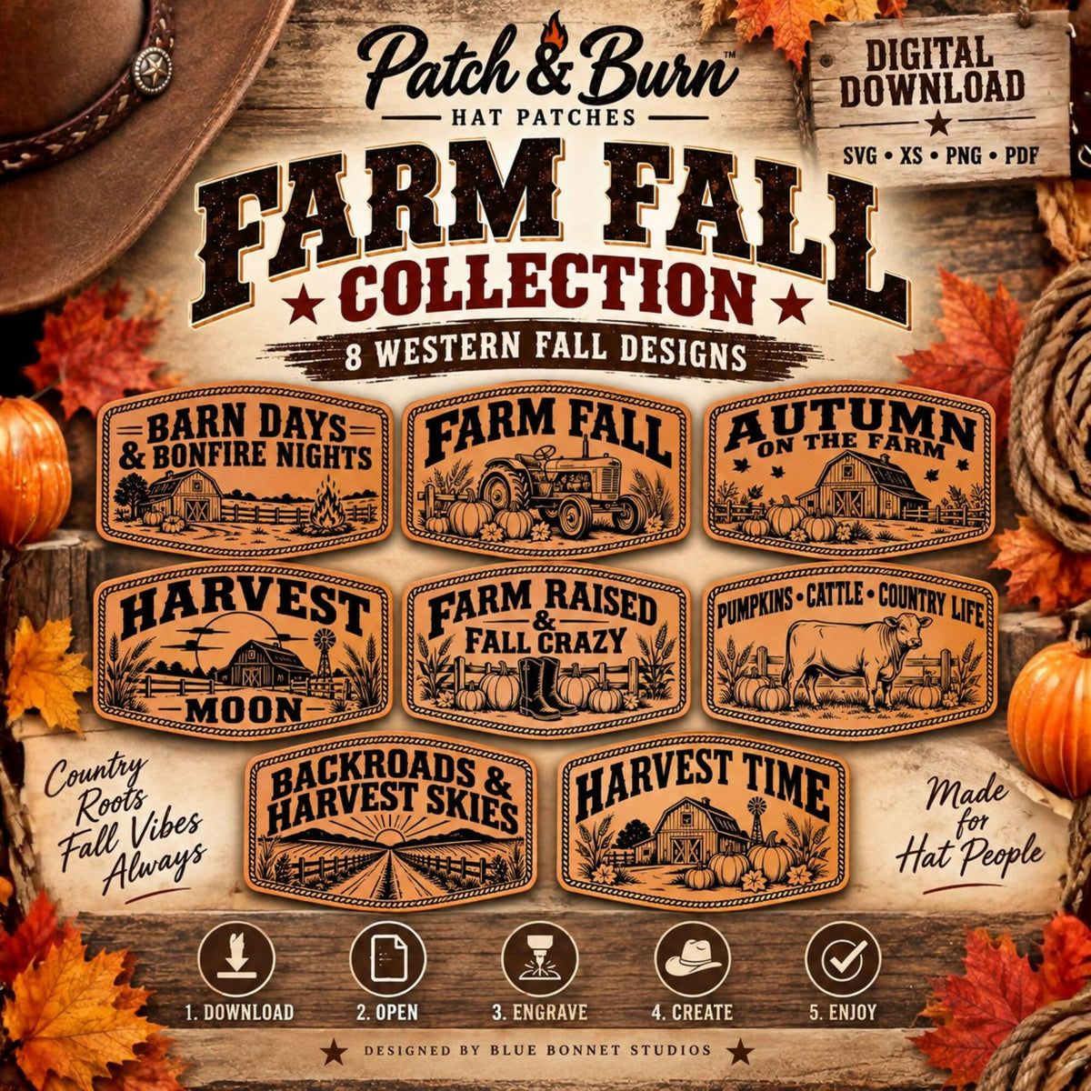 Farm Fall Hat Patch SVG Bundle | 8 Western Autumn Laser Engraving Designs | Leatherette Patch Files | SVG XS PNG PDF