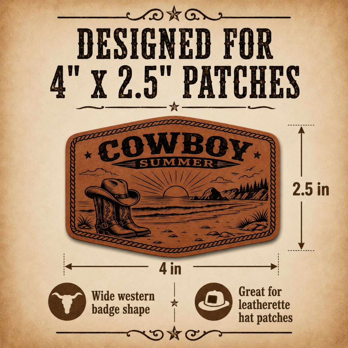 Cowboy Summer Hat Patch SVG Bundle, Western Leatherette Laser Files, 4x2.5 Engraved Patch Designs, XS PNG PDF, Bonus Red White Burnt