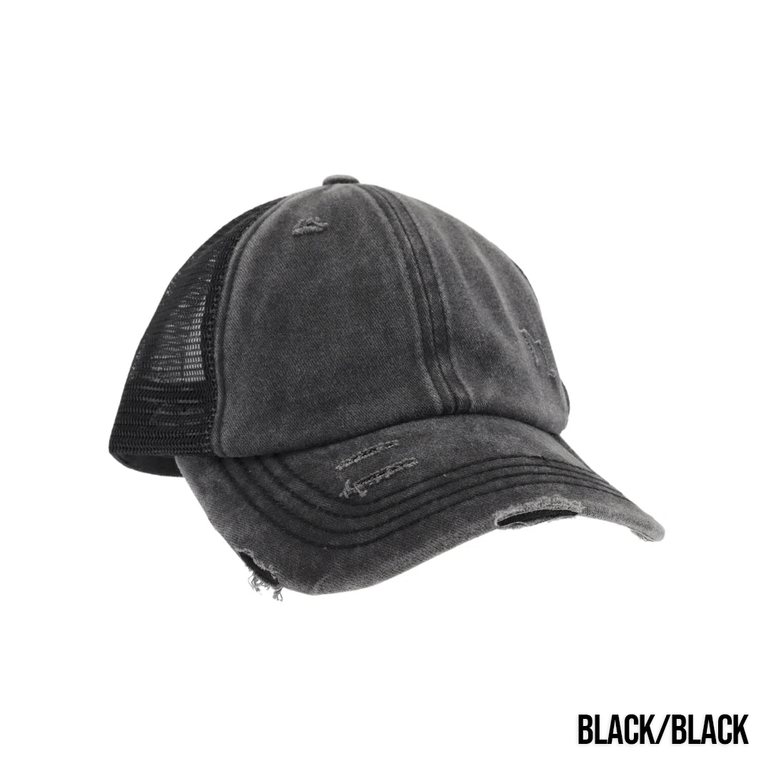 Washed Denim Criss Cross High Pony Ball Caps by CC - LoneStar Adhesive