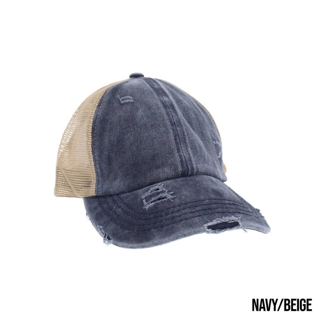 Washed Denim Criss Cross High Pony Ball Caps by CC - LoneStar Adhesive