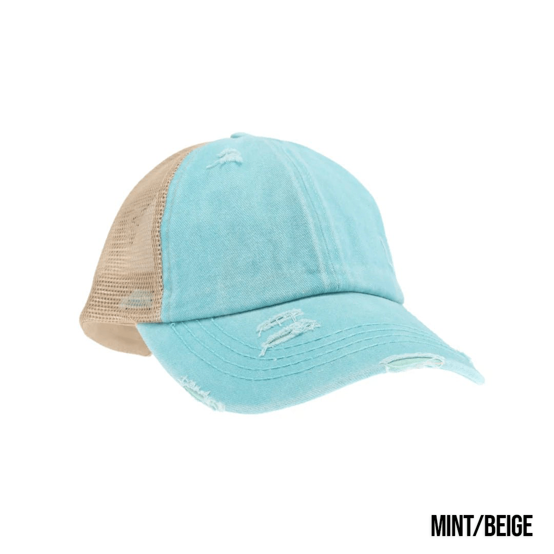 Washed Denim Criss Cross High Pony Ball Caps by CC - LoneStar Adhesive