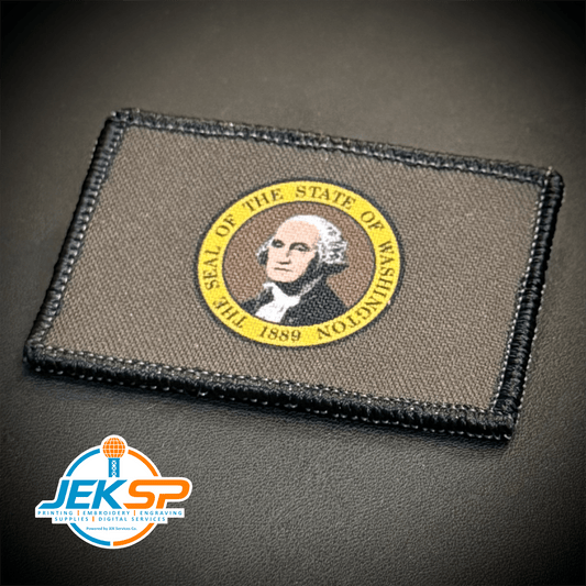 Front view of Washington State Flag patch in tan Washington flag with a circular portrait seal
