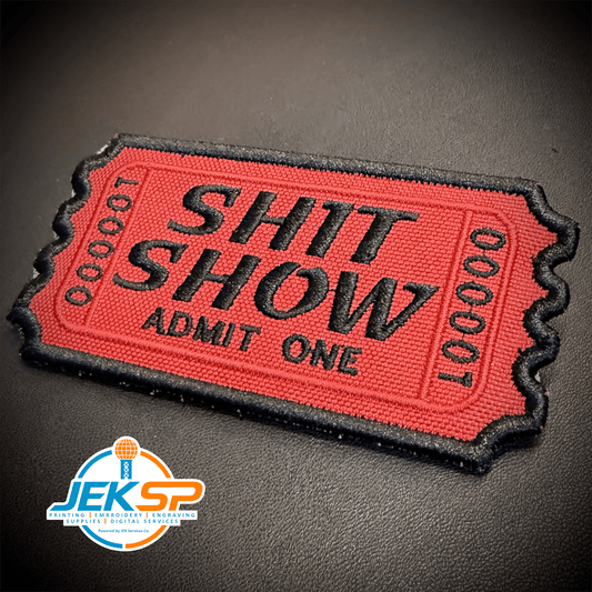 Front view of Welcome To The Shit Show Ticket patch in red ticket design with black lettering and scalloped edges