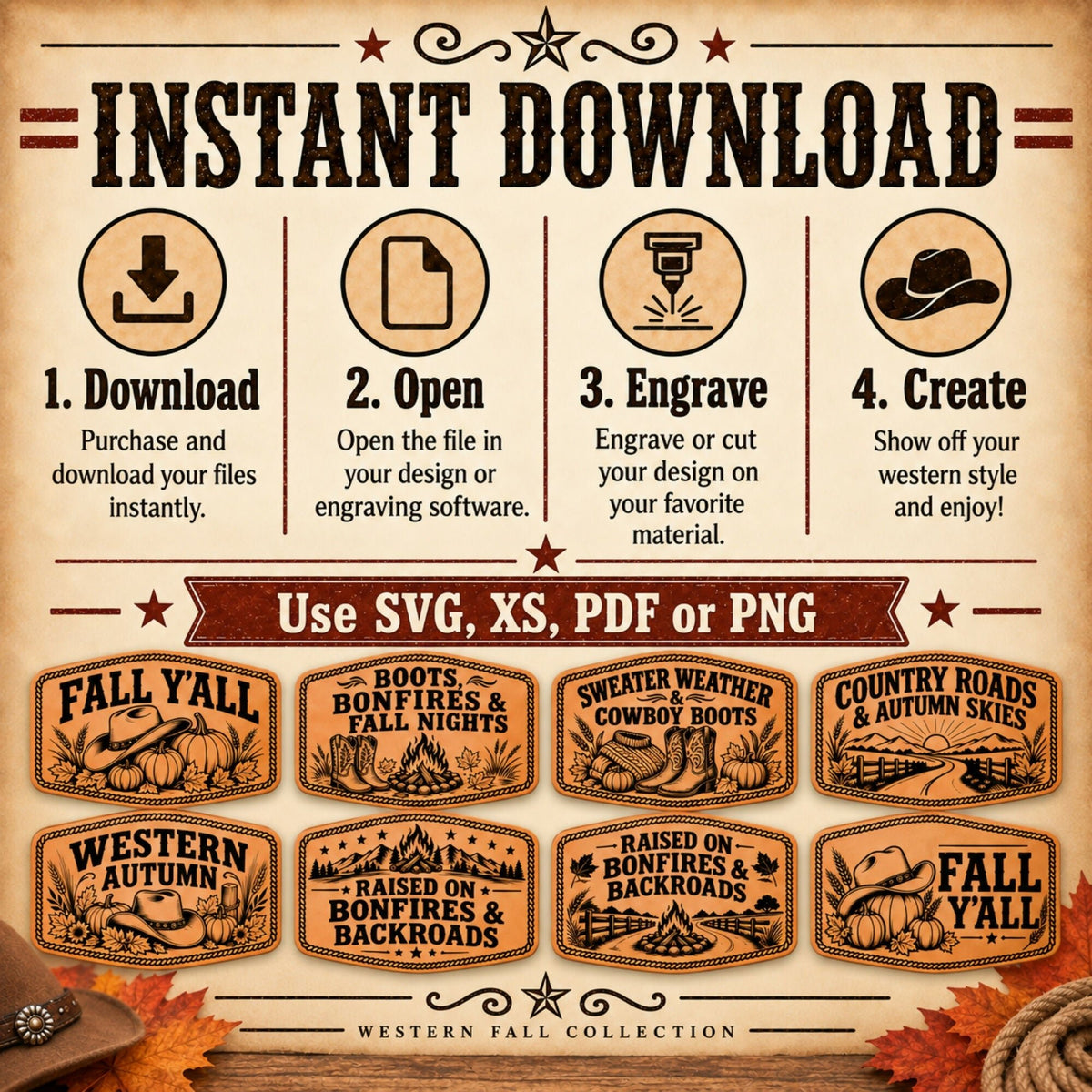 Western Fall Hat Patch SVG Bundle | 8 Autumn Cowboy Laser Engraving Designs | Leatherette Patch Files | SVG XS PNG PDF - LoneStar Adhesive