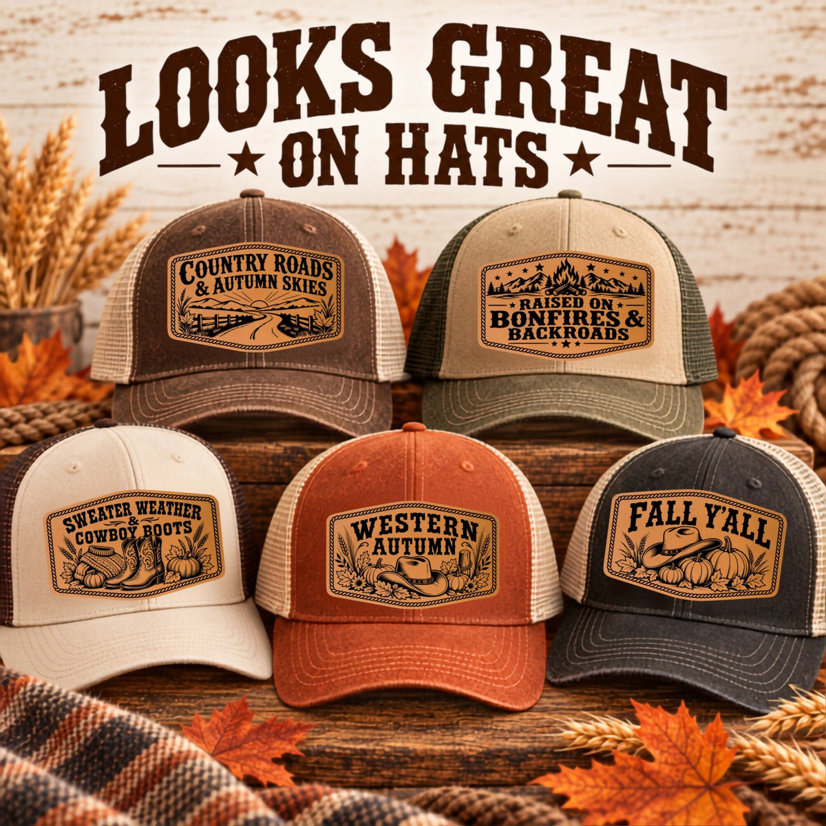Western Fall Hat Patch SVG Bundle | 8 Autumn Cowboy Laser Engraving Designs | Leatherette Patch Files | SVG XS PNG PDF - LoneStar Adhesive