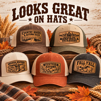 Western Fall Hat Patch SVG Bundle | 8 Autumn Cowboy Laser Engraving Designs | Leatherette Patch Files | SVG XS PNG PDF - LoneStar Adhesive