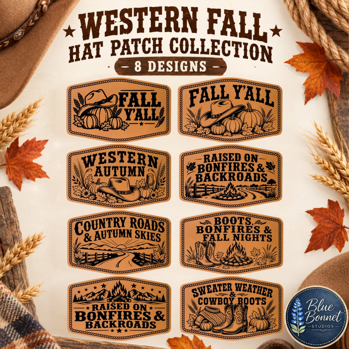 Western Fall Hat Patch SVG Bundle | 8 Autumn Cowboy Laser Engraving Designs | Leatherette Patch Files | SVG XS PNG PDF - LoneStar Adhesive