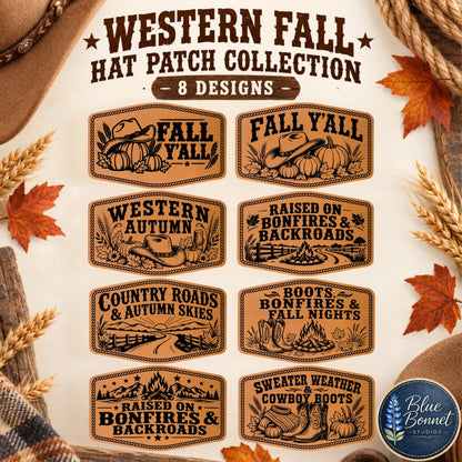 Western Fall Hat Patch SVG Bundle | 8 Autumn Cowboy Laser Engraving Designs | Leatherette Patch Files | SVG XS PNG PDF - LoneStar Adhesive