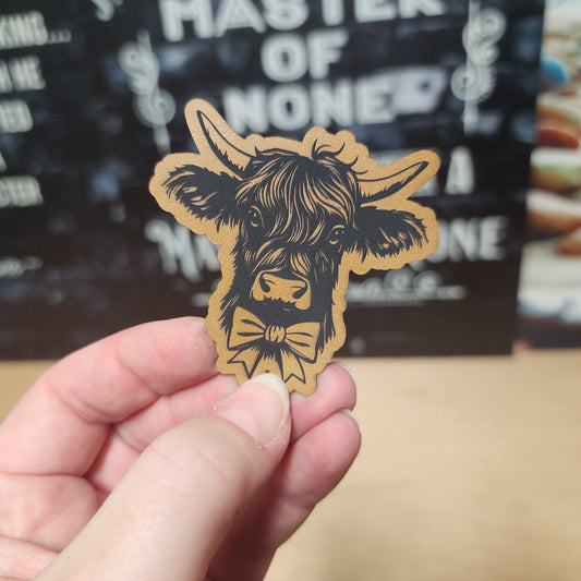 Whimsical Cow with Bowtie (Saddle Tan) Engraved Leatherette Hat Patch - MR01 - LoneStar Adhesive