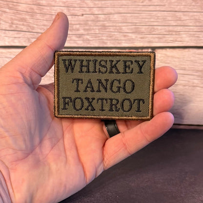 Whiskey Tango Foxtrot WTF Funny Morale Patch, 2x3" | Made in USA | VELCRO® Brand Hook Backing - LoneStar Adhesive